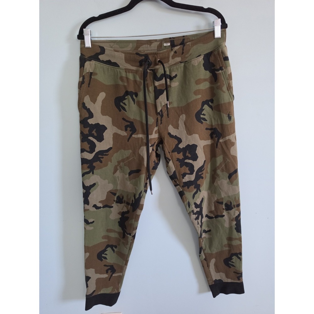 Polo Ralph Lauren Men Size Medium Jogger Pants Green Camo W/ Horse Print‎